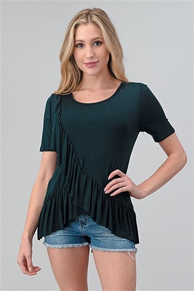 Short Sleeve Overlapping Ruffled Top Hunter Green - Pack of 6