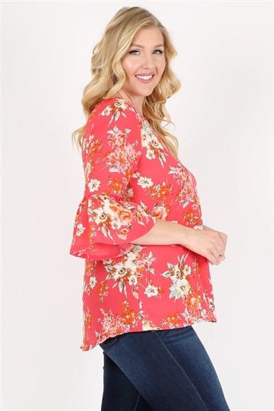 Plus Size 3/4 Bell Sleeve Boat Neck Floral Print Top Coral - Pack of 6