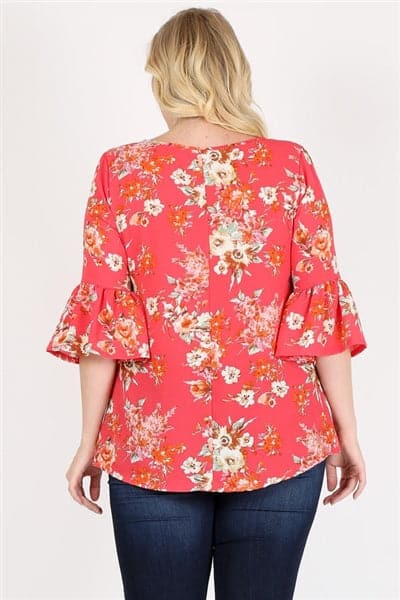 Plus Size 3/4 Bell Sleeve Boat Neck Floral Print Top Coral - Pack of 6