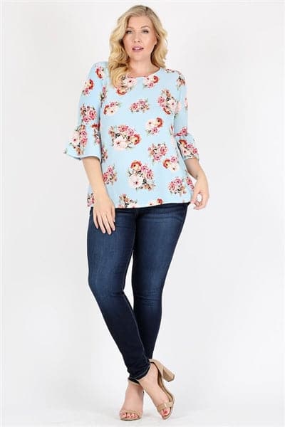 Plus Size 3/4 Bell Sleeve Boat Neck Floral Print Top Blue - Pack of 6