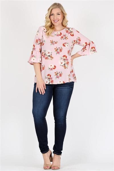 Plus Size 3/4 Bell Sleeve Boat Neck Floral Print Top Rose - Pack of 6