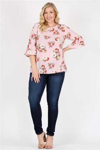 Plus Size 3/4 Bell Sleeve Boat Neck Floral Print Top Coral - Pack of 6