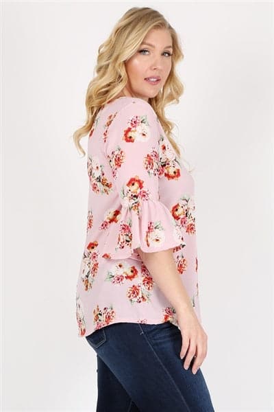 Plus Size 3/4 Bell Sleeve Boat Neck Floral Print Top Rose - Pack of 6