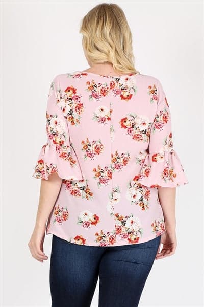 Plus Size 3/4 Bell Sleeve Boat Neck Floral Print Top Rose - Pack of 6