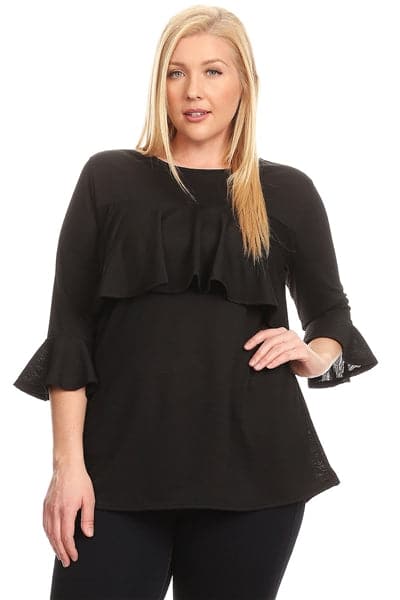 Plus Size 3/4 Sleeve Ruffle Design Top Black - Pack of 6