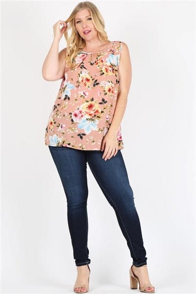 Plus Size Keyhole Sleeveless Floral Print Top Mauve Pink Blue  - Pack of 6