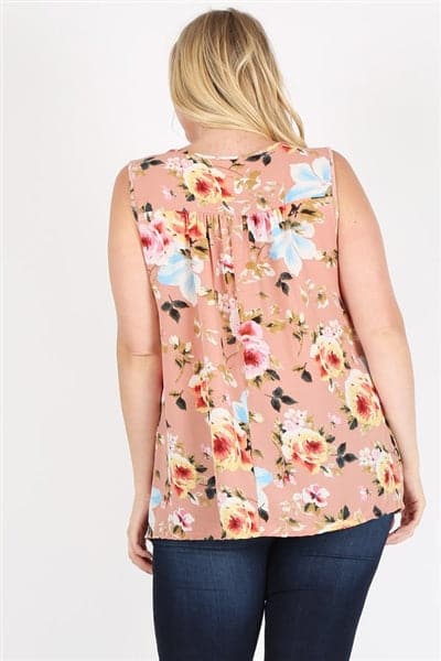 Plus Size Keyhole Sleeveless Floral Print Top Mauve Pink Blue  - Pack of 6