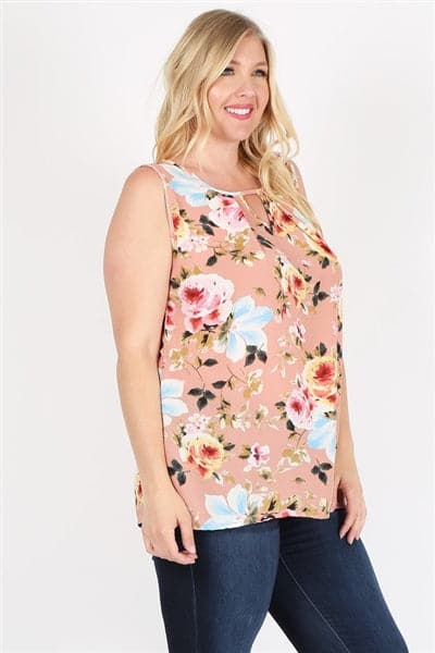Plus Size Keyhole Sleeveless Floral Print Top Mauve Pink Blue  - Pack of 6