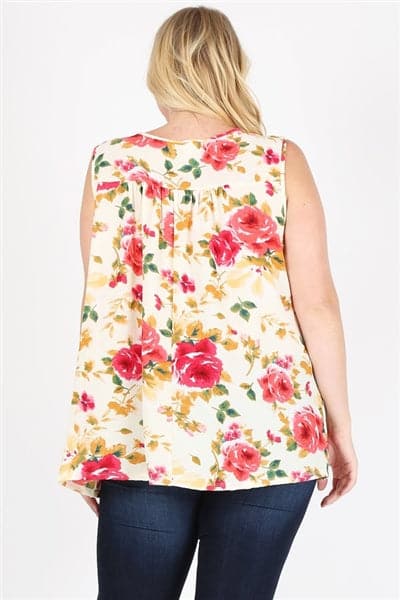 Plus Size Keyhole Sleeveless Floral Print Top Peach Fushia Yellow - Pack of 6