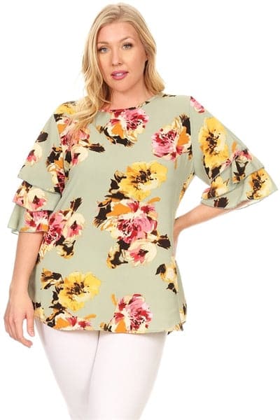 Plus Size Tiered Layered Sleeve Floral Print Top Sage Coral - Pack of 6