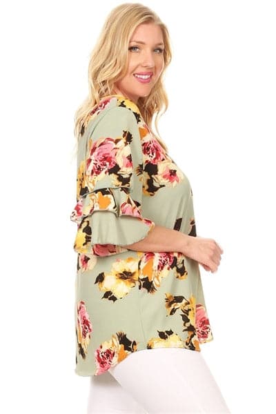 Plus Size Tiered Layered Sleeve Floral Print Top Sage Coral - Pack of 6