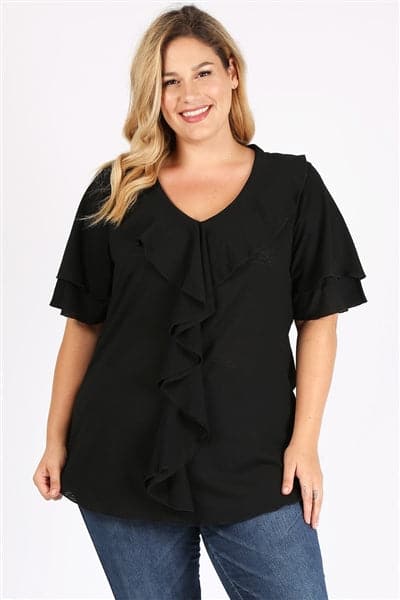 Wholesale Plus Size Knit Solid Ruffle Top Black for Sale