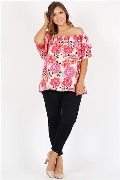 Plus Size Off Shoulder Floral Top  Ivory Dark Rose - Pack of 6