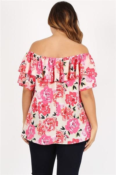 Plus Size Off Shoulder Floral Top  Ivory Dark Rose - Pack of 6