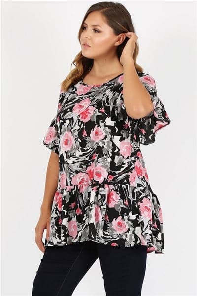 Plus Size Ruffle Floral Tunic Top Black Pink - Pack of 6