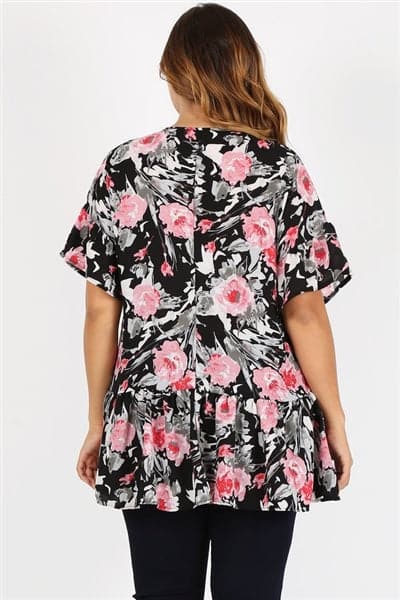 Plus Size Ruffle Floral Tunic Top Black Pink - Pack of 6