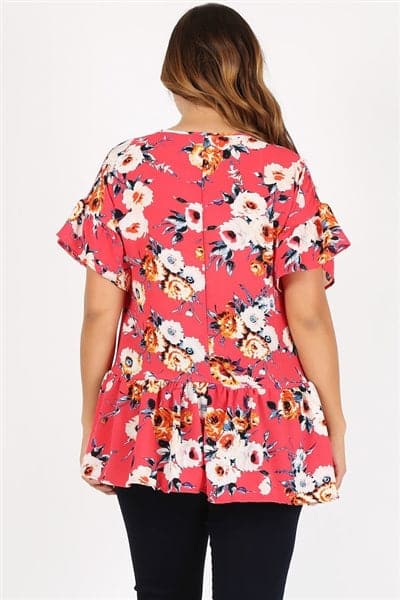 Plus Size Ruffle Floral Tunic Top Coral Rust - Pack of 6