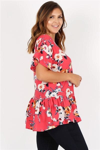 Plus Size Ruffle Floral Tunic Top Coral Rust - Pack of 6