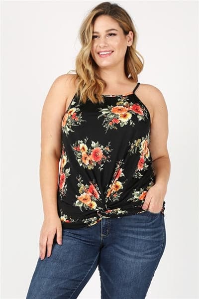 Plus Size Knit Twist Knot printed Tank Black Coral - Pack of 6