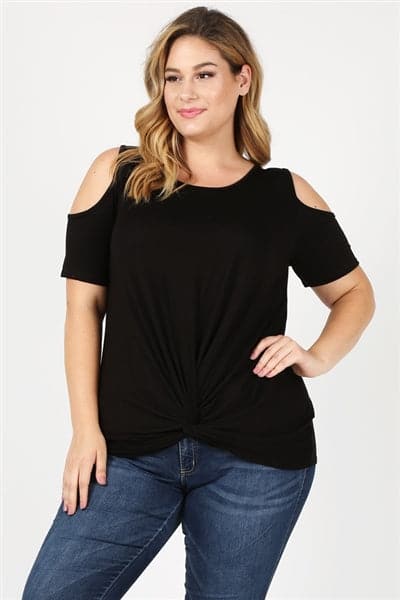 Plus Size Knit Twist Knot Cold Shoulder Top Black  - Pack of 6