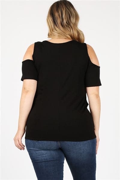 Plus Size Knit Twist Knot Cold Shoulder Top Black  - Pack of 6