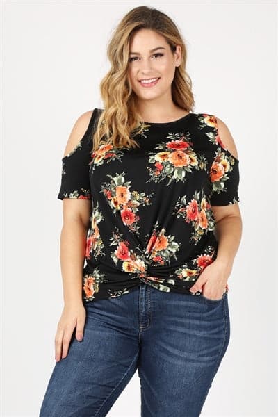 Plus Size Twist Knot Cold Shoulder Printed Top Black Coral - Pack of 6