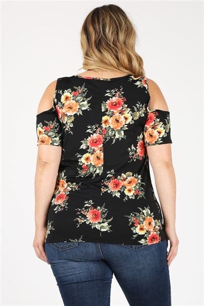Plus Size Twist Knot Cold Shoulder Printed Top Black Coral - Pack of 6
