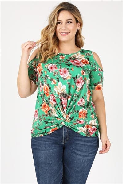 Plus Size Twist Knot Cold Shoulder Printed Top Green Rust - Pack of 6