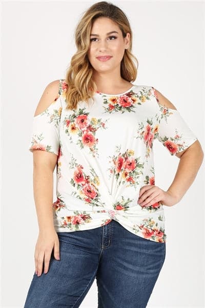 Plus Size Twist Knot Cold Shoulder Printed Top Ivory Coral - Pack of 6