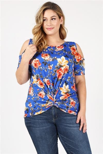 Plus Size Twist Knot Cold Shoulder Printed Top Royal Orange - Pack of 6