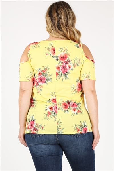 Plus Size Twist Knot Cold Shoulder Printed Top Yellow Coral - Pack of 6