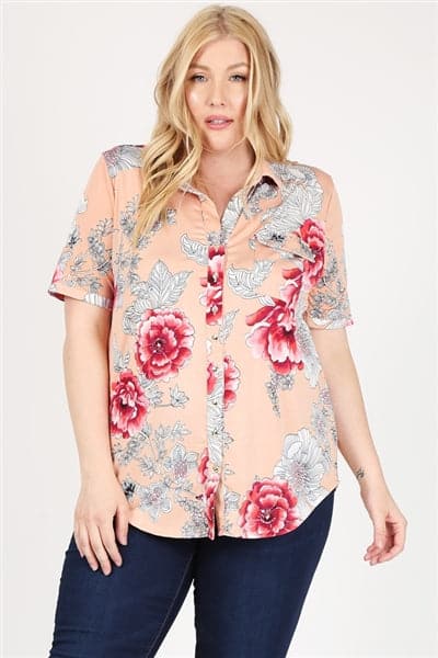 Plus size Printed Button-Down Blouse Top Coral - Pack of 6