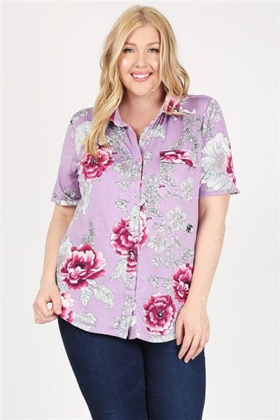 Plus size Printed Button-Down Blouse Top Lavender - Pack of 6