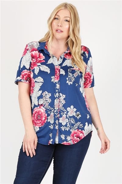 Plus size Printed Button-Down Blouse Top Navy - Pack of 6