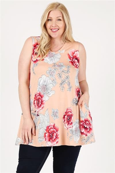 Plus Size Floral Print Tank Tunic with Side Pockets Light Coral - Pack of 6