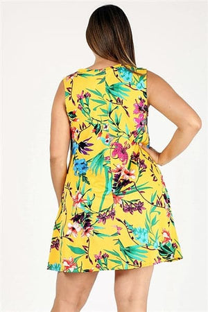 Plus Size Floral Print Long Tunic with Side Pockets Mustard Royal - Pack of 6