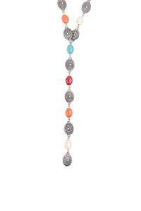 Western Concho Semi Stone Lariat Y Necklace And Earring Set Silver Burnish Multi - Pack of 6
