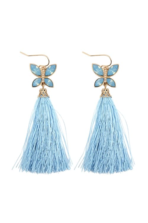 2.5" Beaded Butterfly With Tasssel Hook Earrings Light Blue - Pack of 6