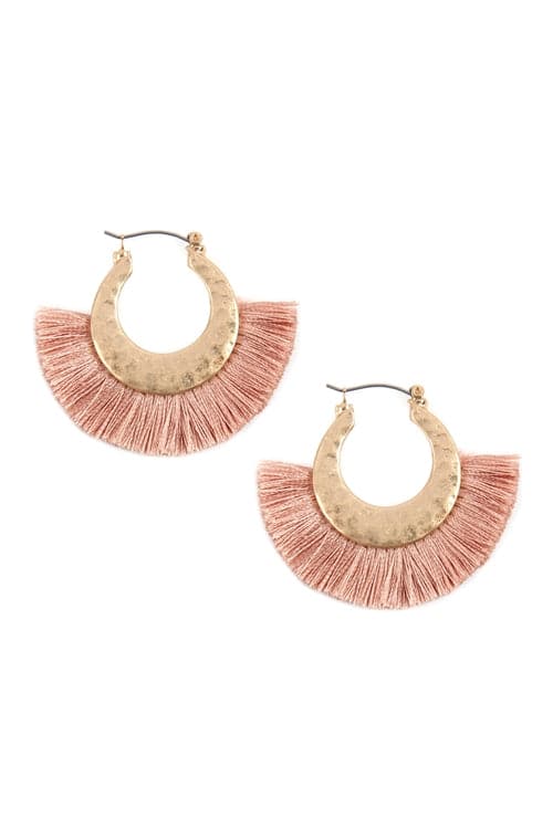 Fan Tassel With Metal Hammered Hoop Earrings Dusty Pink - Pack of 6