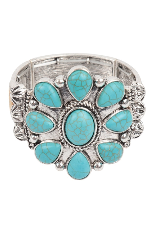 Western Concho Flower Cluster Semi Stone with Leopard Wrap Bracelet Burnish Silver Turquoise - Pack of 6