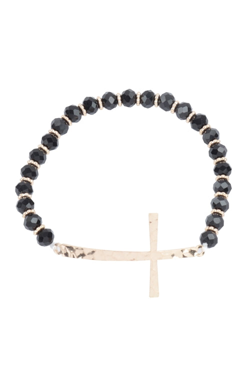 Cross Rondelle Beads Stretch Bracelet Matte Gold Black -  Pack of 6