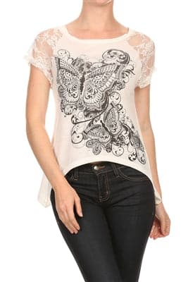 Lace Short Sleeve Butterfly Embellished Hi Low Top White - Pack of 6