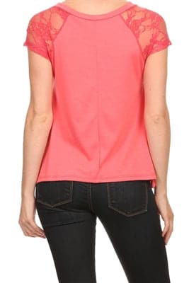 Lace Short Sleeve Butterfly Embellished Hi Low Top Coral - Pack of 6