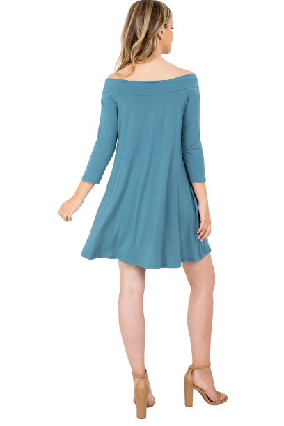 Sea Blue V-Neckline Off the Shoulder Pocket Bamboo Fabric Dress -  Pack of 6