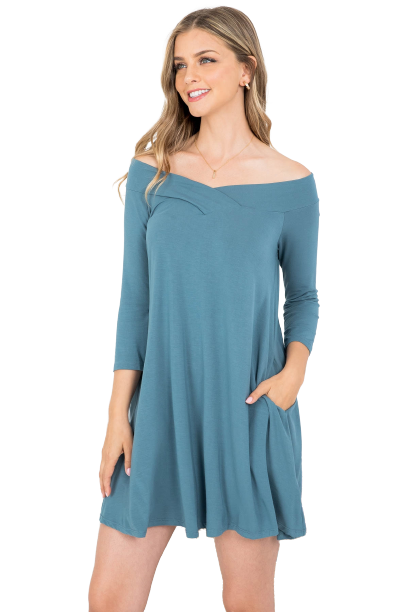 Sea Blue V-Neckline Off the Shoulder Pocket Bamboo Fabric Dress -  Pack of 6