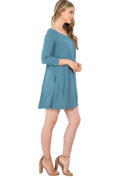 Sea Blue V-Neckline Off the Shoulder Pocket Bamboo Fabric Dress -  Pack of 6