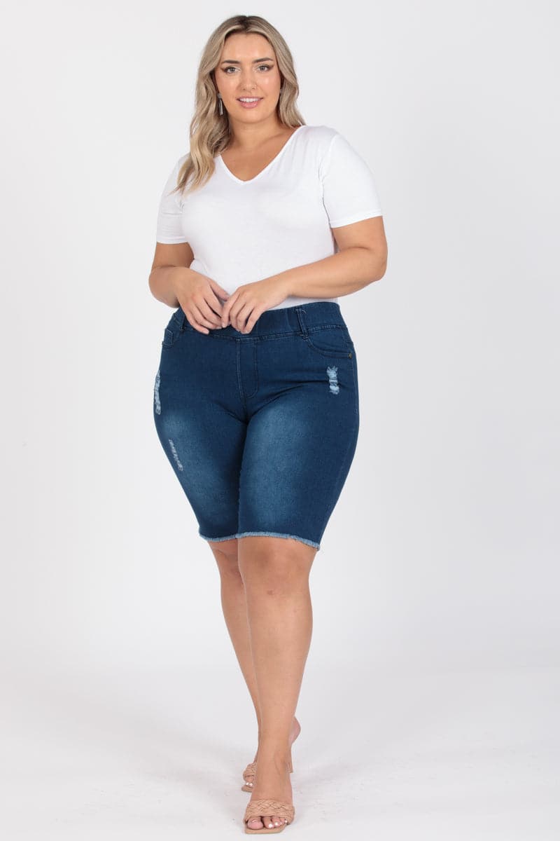 Wholesale Plus Size Pull-on Super Stretch Distressed Bermuda