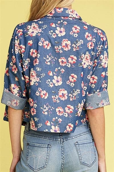 Denim Button Down Floral Crop Top Top Dark Navy  - Pack of 6