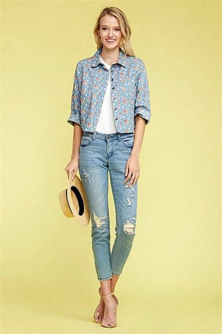 Denim Button Down Floral Crop Top Top Dark Navy  - Pack of 6