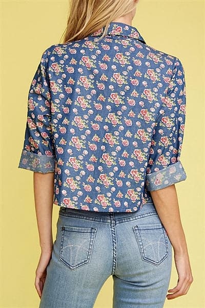 Denim Button Down Floral Crop Top Top Navy  - Pack of 6